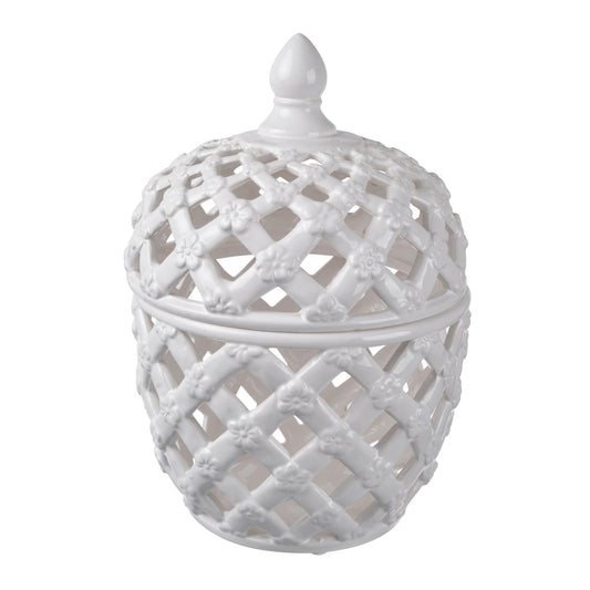 12 Inch Lidded Jar Lattice Design And Decorative Flowers White Ceramic