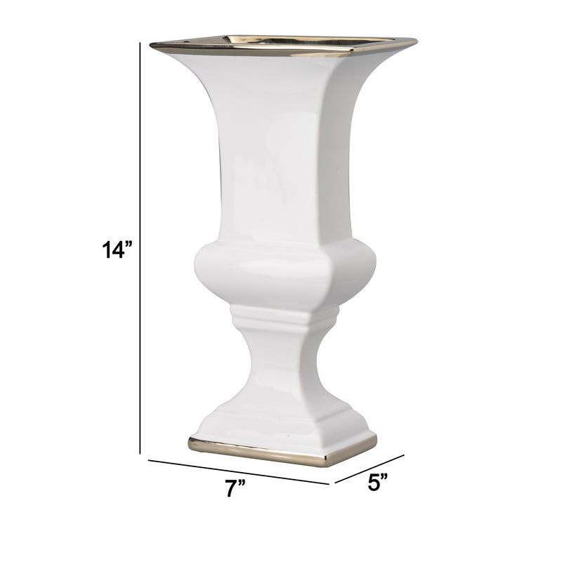 14 Inch Decorative Ceramic Vase Artistic Turned Urn White And Gold Rim-zoom-
