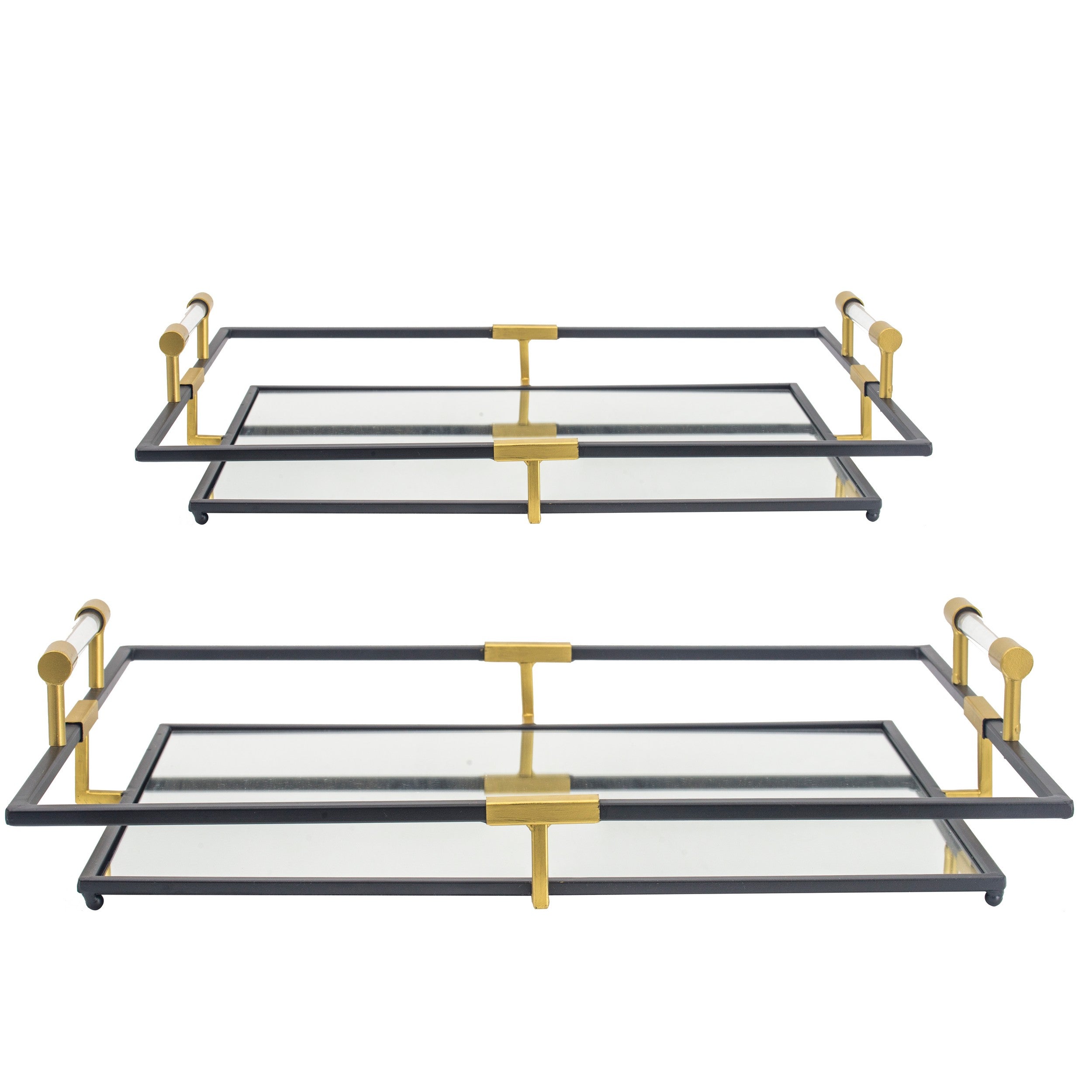 21 27 Inch Set Of 2 Decorative Trays With Mirror Modern Frame Gold Black-zoom-1