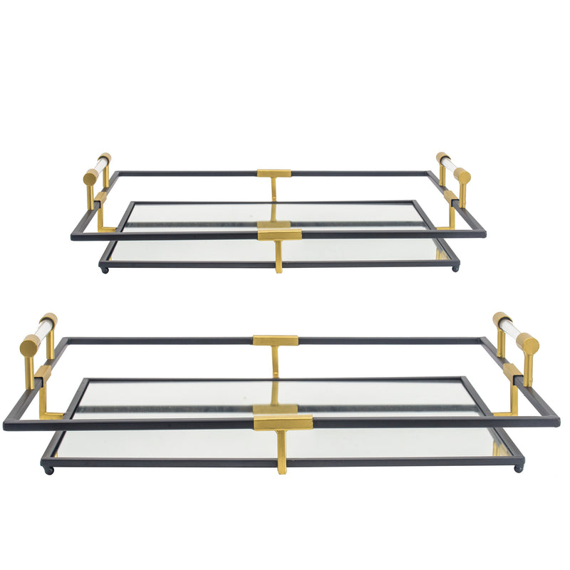 21 27 Inch Set Of 2 Decorative Trays With Mirror Modern Frame Gold Black-zoom-