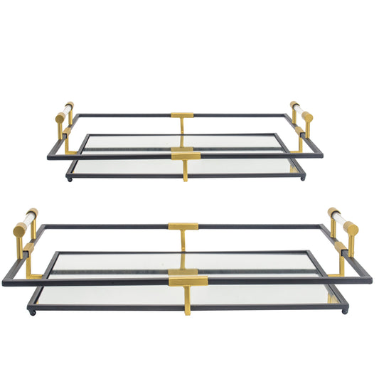 21 27 Inch Set Of 2 Decorative Trays With Mirror Modern Frame Gold Black
