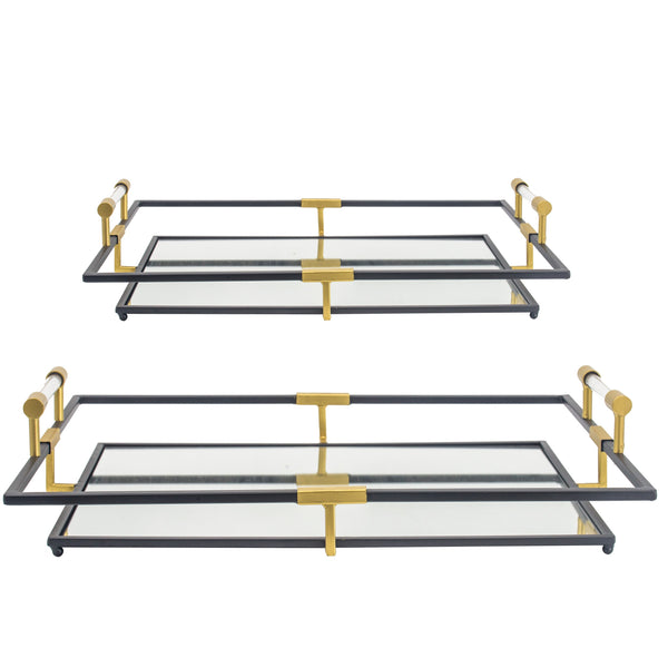 21 27 Inch Set Of 2 Decorative Trays With Mirror Modern Frame Gold Black