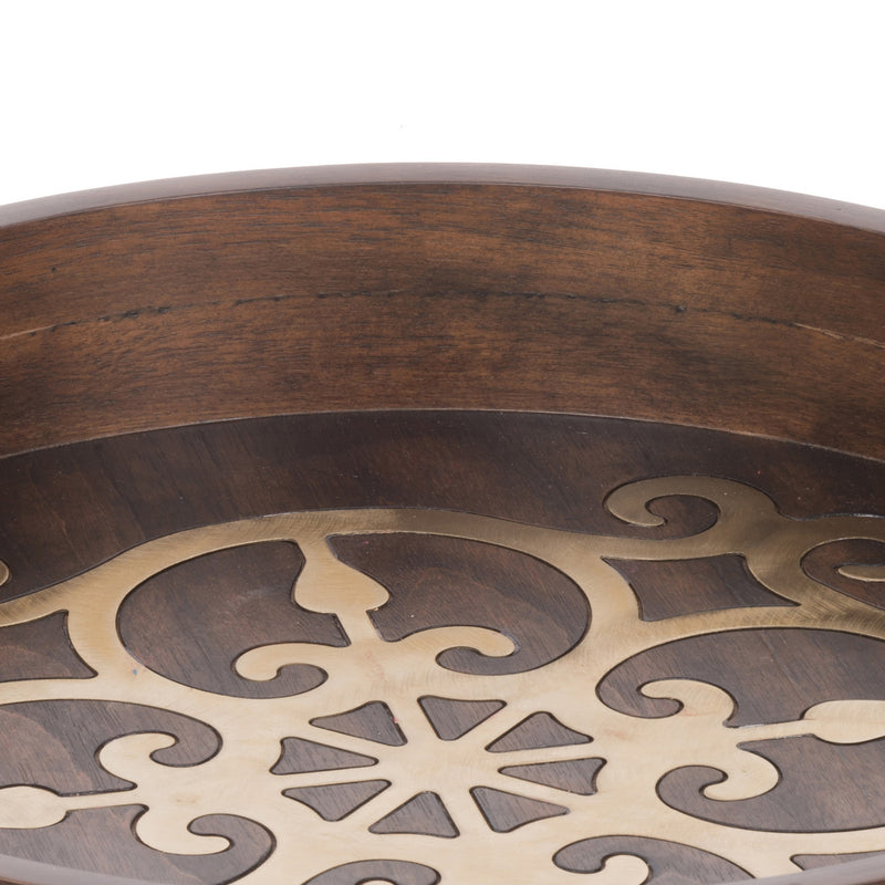 18 Inch Round Decorative Tray Brass Inlaid Design And Brown Wood Frame-zoom-