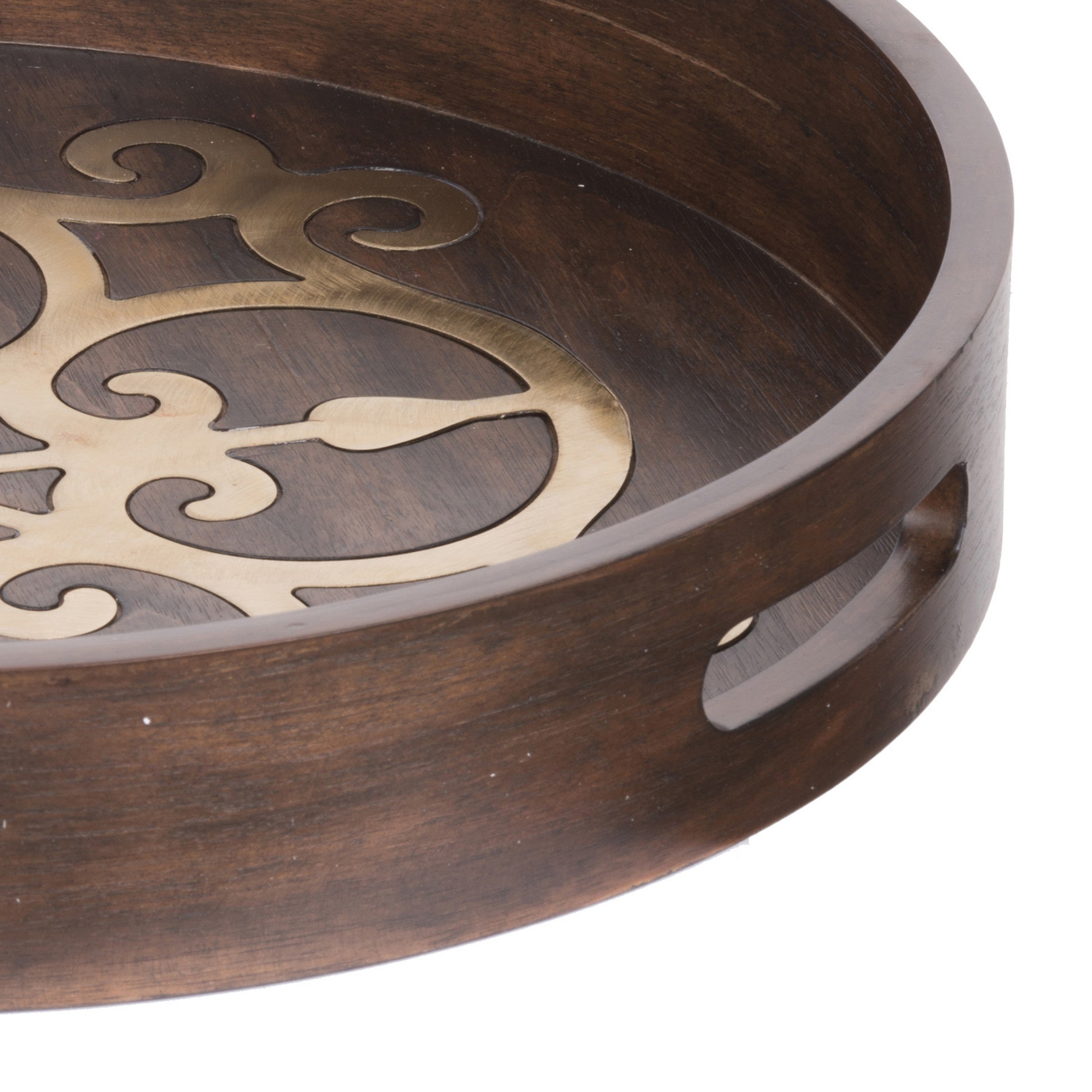 18 Inch Round Decorative Tray Brass Inlaid Design And Brown Wood Frame-zoom-4