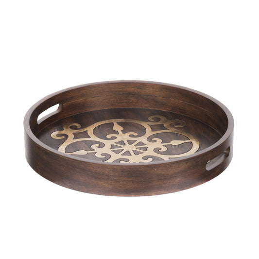 18 Inch Round Decorative Tray Brass Inlaid Design And Brown Wood Frame