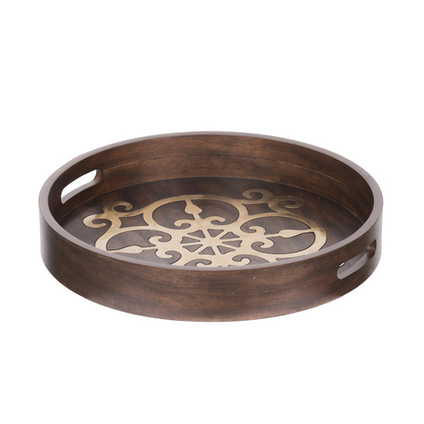 18 Inch Round Decorative Tray Brass Inlaid Design And Brown Wood Frame