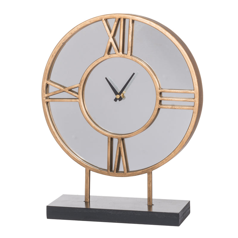 15 Inch Modern Table Clock Round Mirrored Frame Gold Metal Accent Trim-zoom-