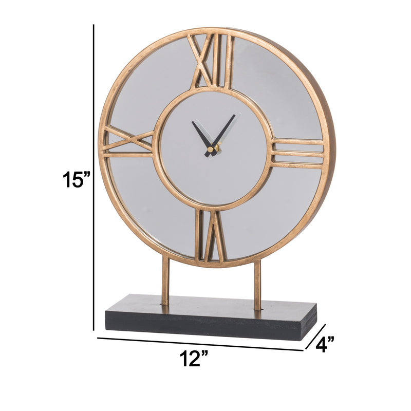 15 Inch Modern Table Clock Round Mirrored Frame Gold Metal Accent Trim-zoom-