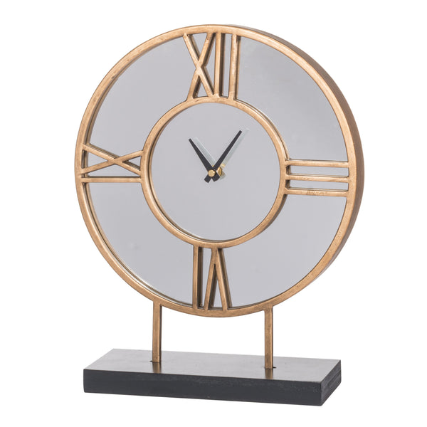 15 Inch Modern Table Clock Round Mirrored Frame Gold Metal Accent Trim