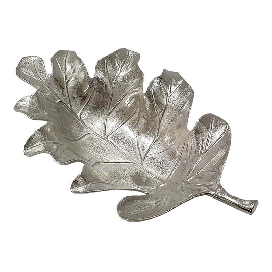 22 Inch Modern Decorative Tray Oak Leaf Design Striking Silver Metal Frame