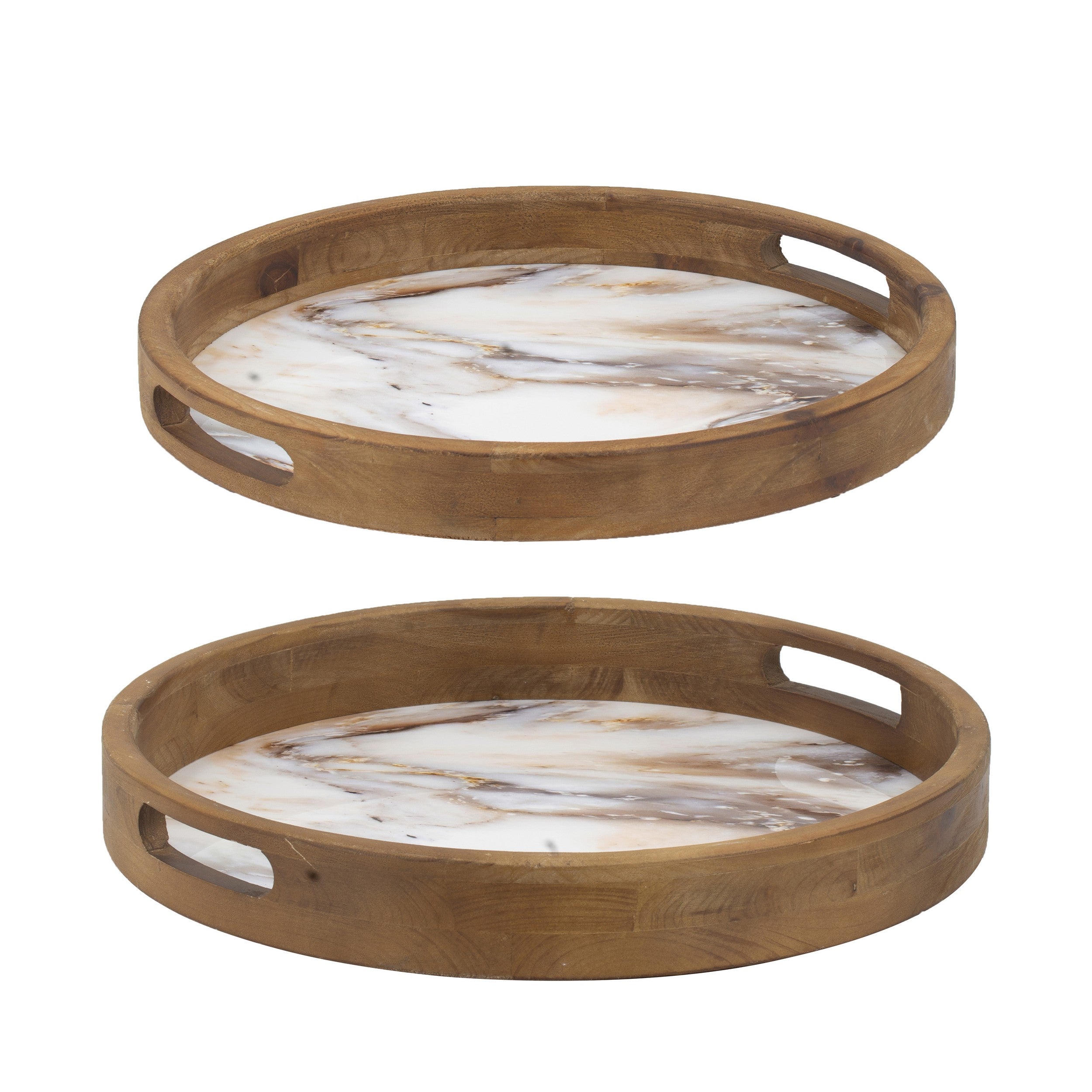 18 15 Inch Round Decorative Tray Marble Effect Brown Fir Wood Frame-zoom-1