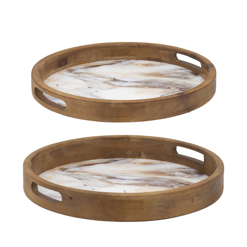 18 15 Inch Round Decorative Tray Marble Effect Brown Fir Wood Frame-zoom-