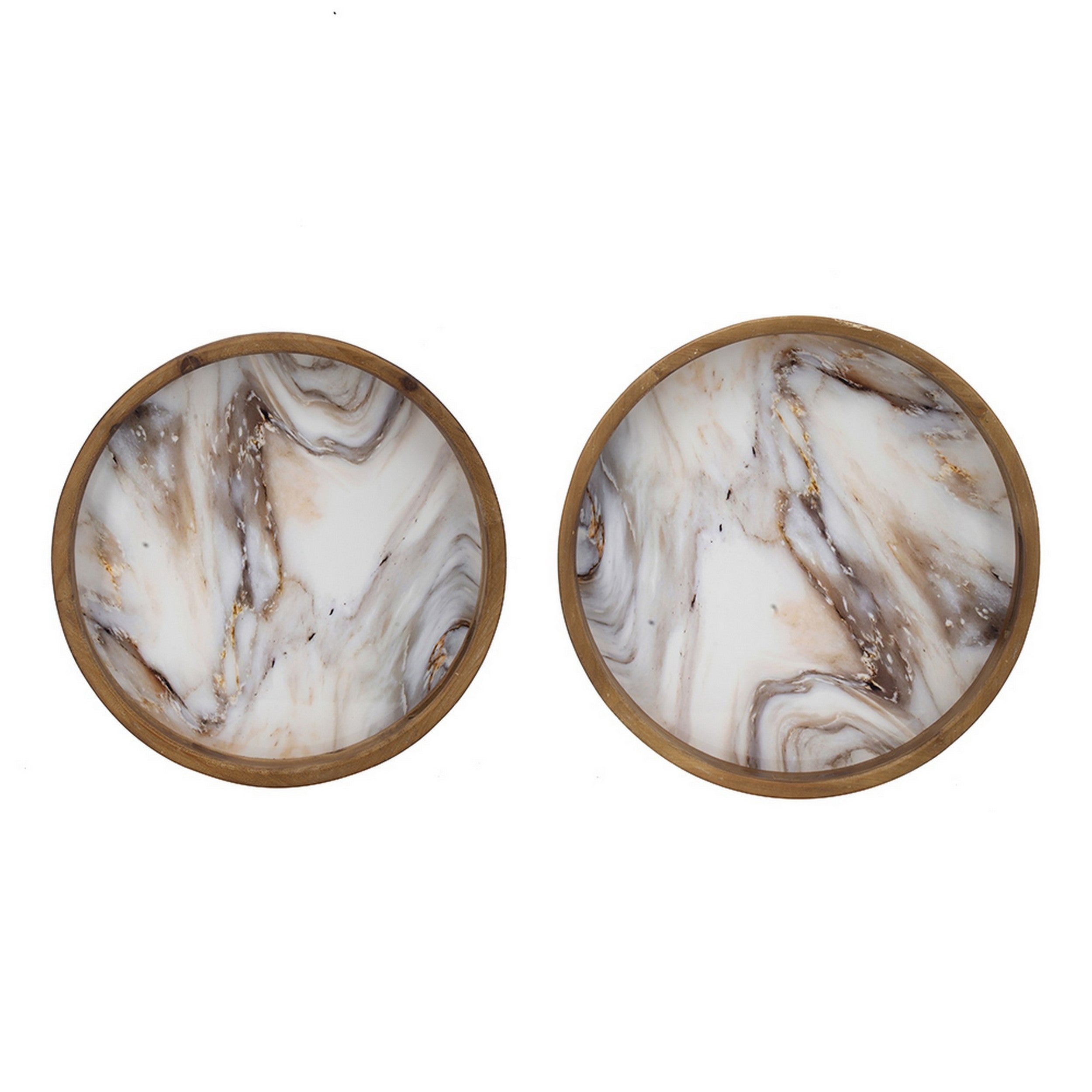 18 15 Inch Round Decorative Tray Marble Effect Brown Fir Wood Frame-zoom-2
