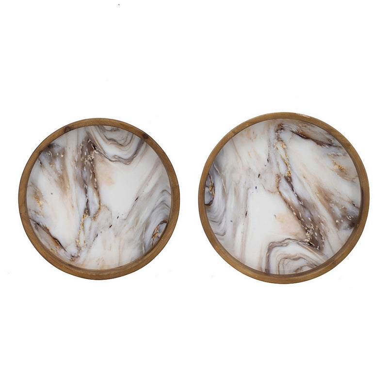 18 15 Inch Round Decorative Tray Marble Effect Brown Fir Wood Frame-zoom-