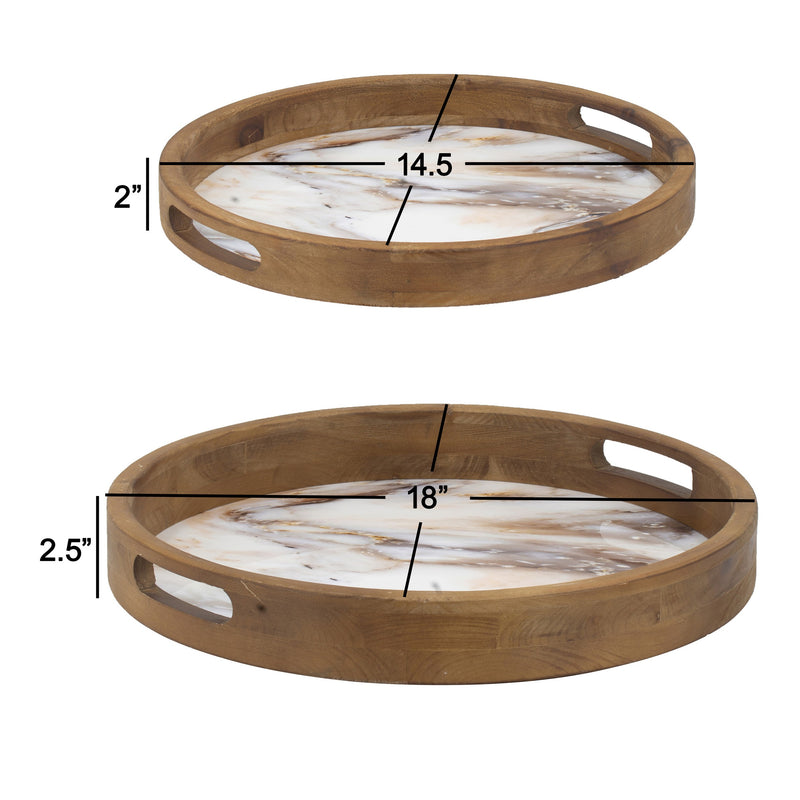 18 15 Inch Round Decorative Tray Marble Effect Brown Fir Wood Frame-zoom-