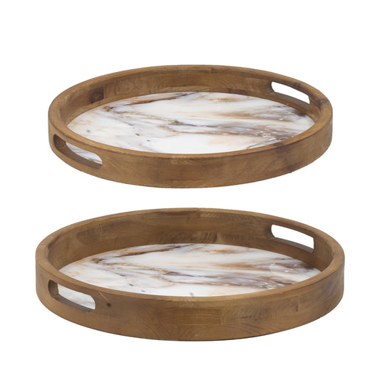 18 15 Inch Round Decorative Tray Marble Effect Brown Fir Wood Frame
