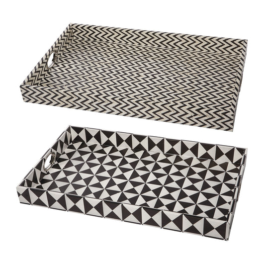 25 Inch Decorative Black White Wood Trays Art Deco Geometric Set Of 2