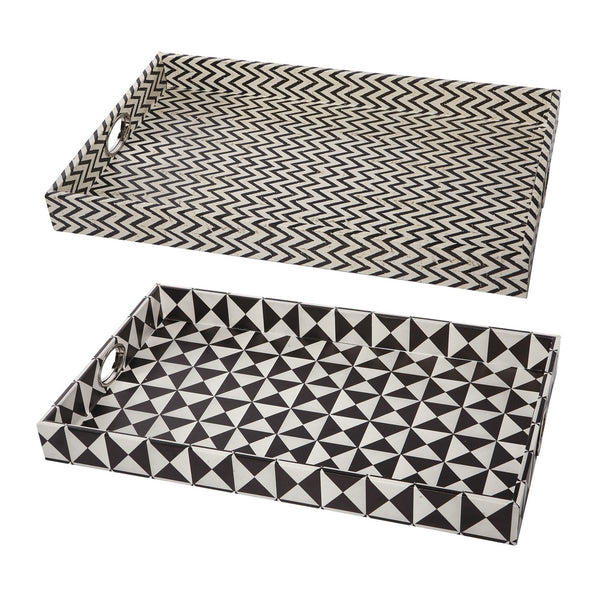 25 Inch Decorative Black White Wood Trays Art Deco Geometric Set Of 2