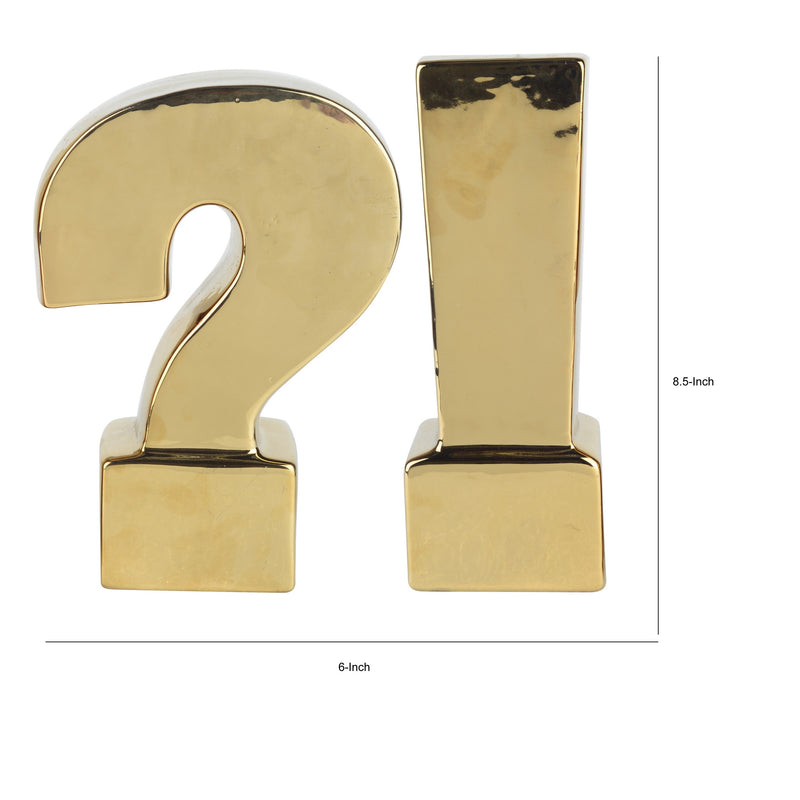 9 Inch Modern Bookends, Gold Tone Ceramic, Question and Exclamation Mark-zoom-