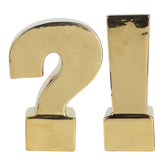 9 Inch Modern Bookends, Gold Tone Ceramic, Question and Exclamation Mark