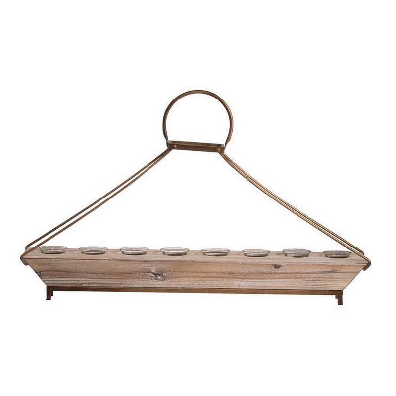 29 Inch Candle Holder Brown Fir Wood Rectangular Tray Bronze Metal Frame-zoom-