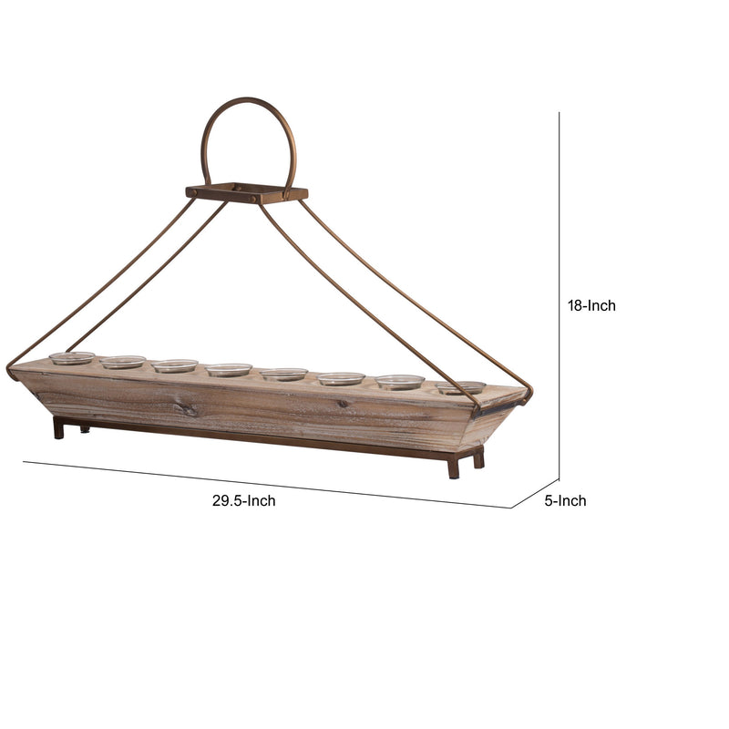 29 Inch Candle Holder Brown Fir Wood Rectangular Tray Bronze Metal Frame-zoom-