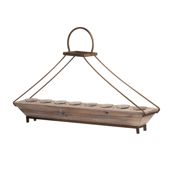 29 Inch Candle Holder Brown Fir Wood Rectangular Tray Bronze Metal Frame