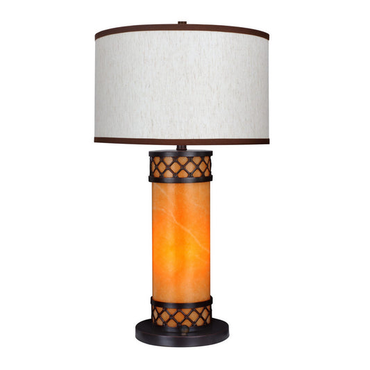 25 Inch Modern Table Lamp Fabric Drum Shade and Night Light Glass Ivory