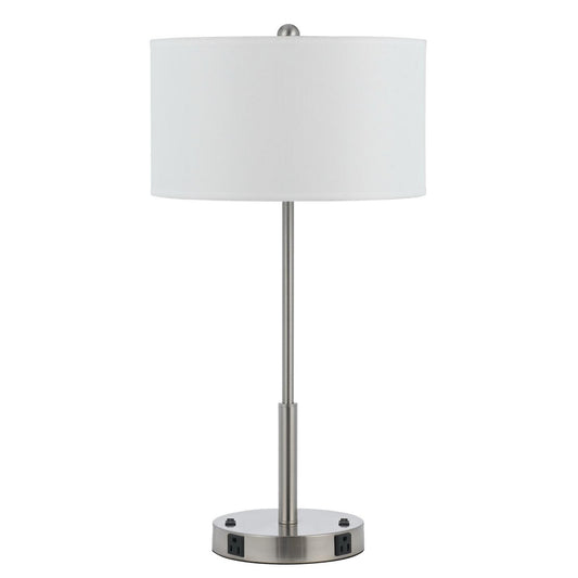 27 Inch Modern Table Lamp with Round Drum Shade 2 Outlets White Chrome