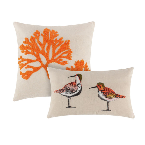 2 Decorative Throw Pillows Shorebird And Coral Design White Polyester
