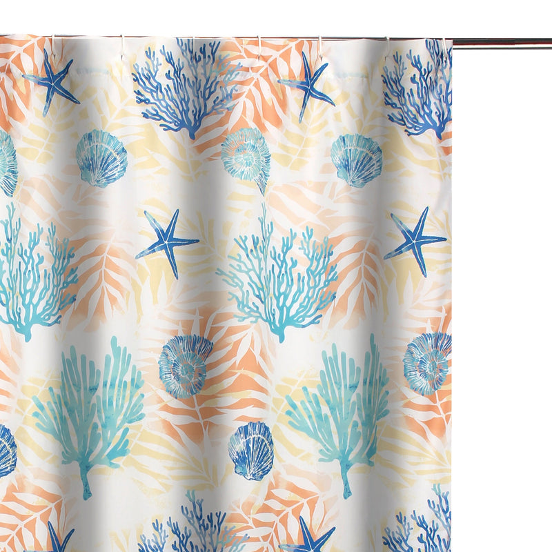 Geo 72 Inch Shower Curtain White Blue Polyester Seashells And Ferns Print-zoom-