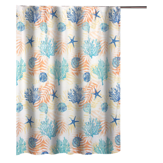Geo 72 Inch Shower Curtain White Blue Polyester Seashells And Ferns Print