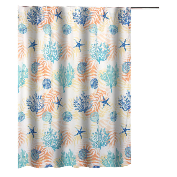 Geo 72 Inch Shower Curtain White Blue Polyester Seashells And Ferns Print