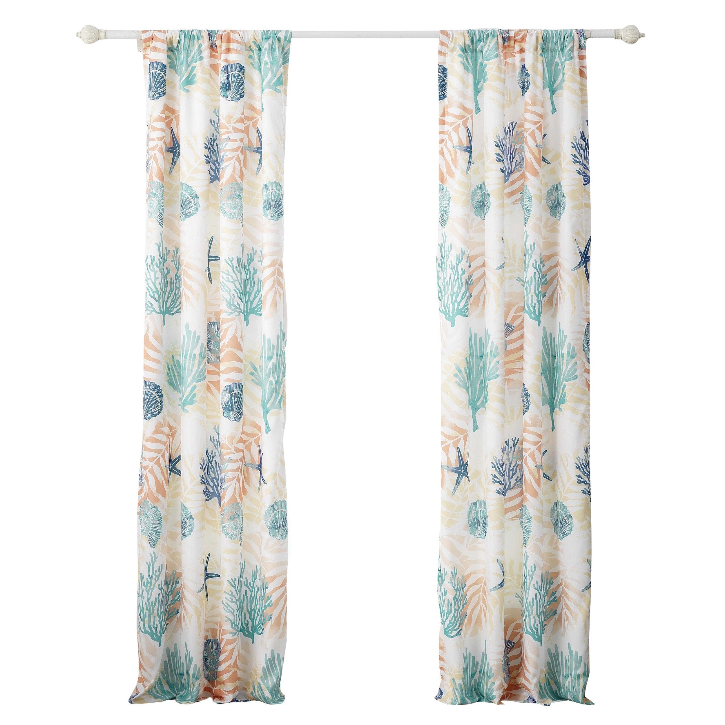 Geo 84 Inch Window Curtains White Blue Polyester Seashells Ferns Print-zoom-1