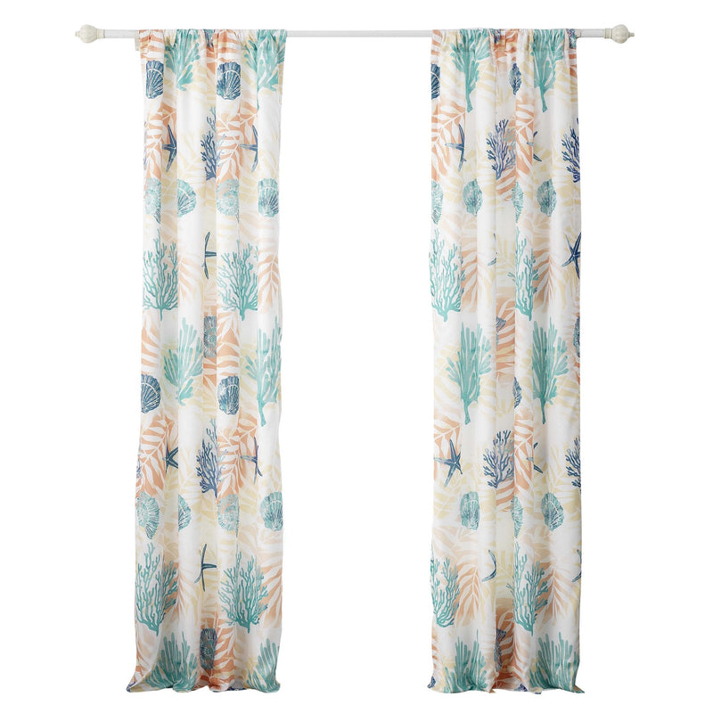 Geo 84 Inch Window Curtains White Blue Polyester Seashells Ferns Print-zoom-