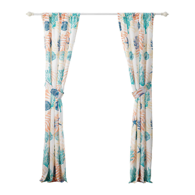 Geo 84 Inch Window Curtains White Blue Polyester Seashells Ferns Print-zoom-