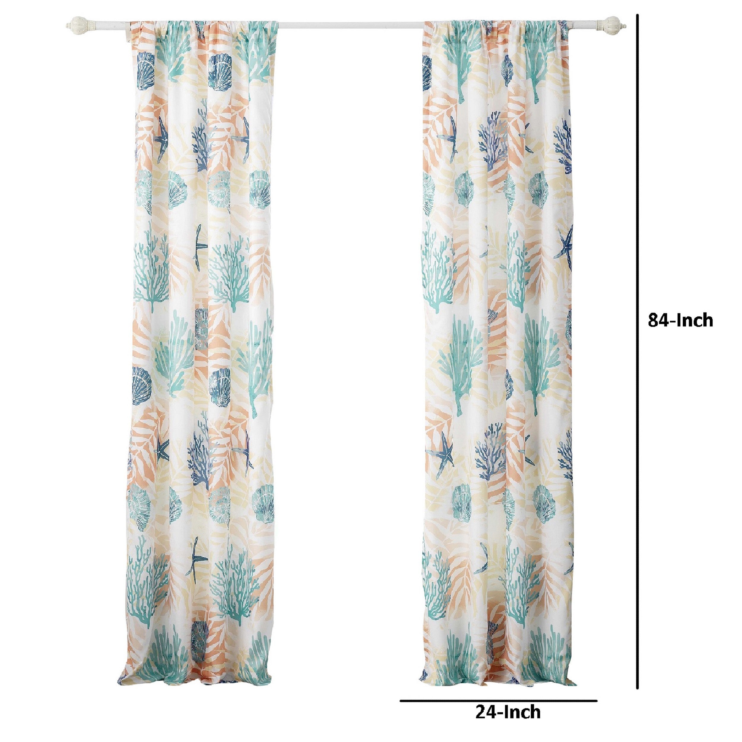 Geo 84 Inch Window Curtains White Blue Polyester Seashells Ferns Print-zoom-5
