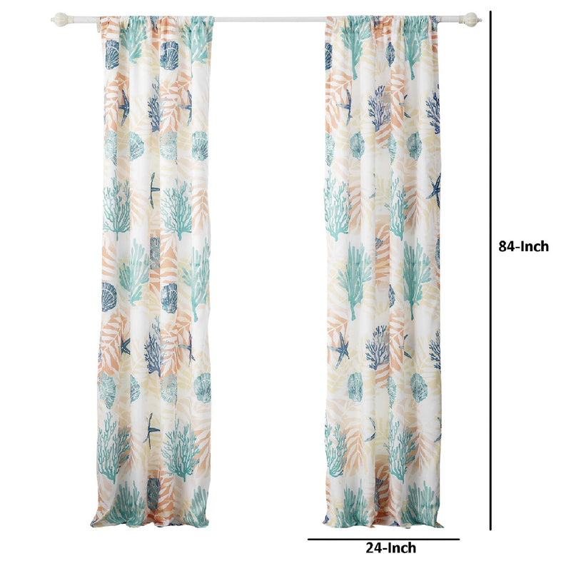 Geo 84 Inch Window Curtains White Blue Polyester Seashells Ferns Print-zoom-