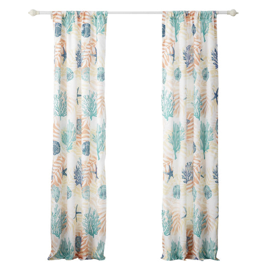Geo 84 Inch Window Curtains White Blue Polyester Seashells Ferns Print