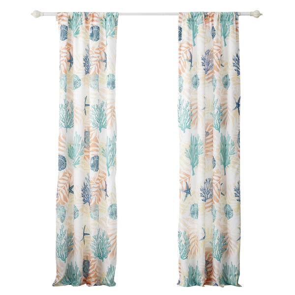 Geo 84 Inch Window Curtains White Blue Polyester Seashells Ferns Print