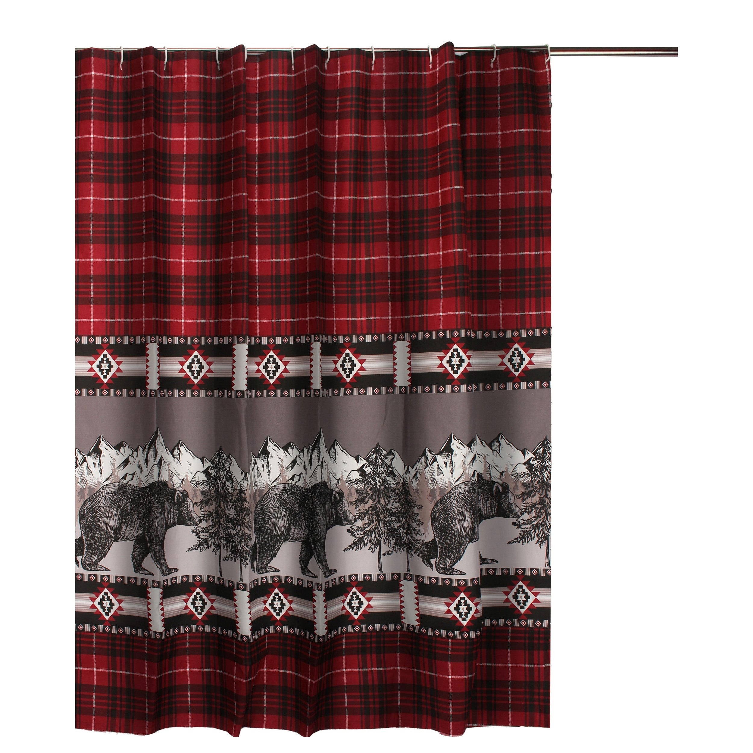 Sofia 72 Inch Bear Shower Curtain Red And Black Plaid Poly Microfiber-zoom-1