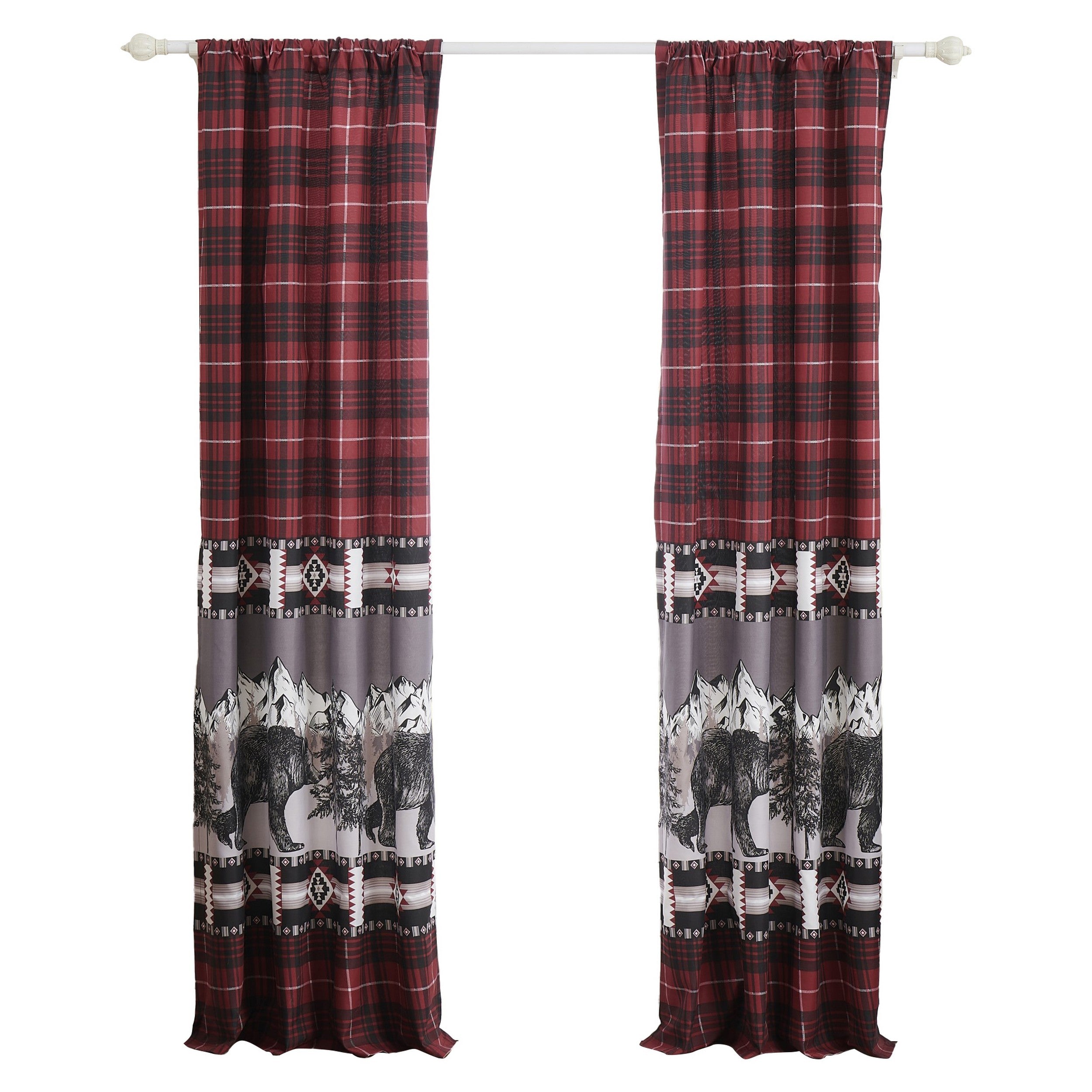 Sofia 84 Inch Bear Panel Curtains Poly Microfiber Red And Black Plaid