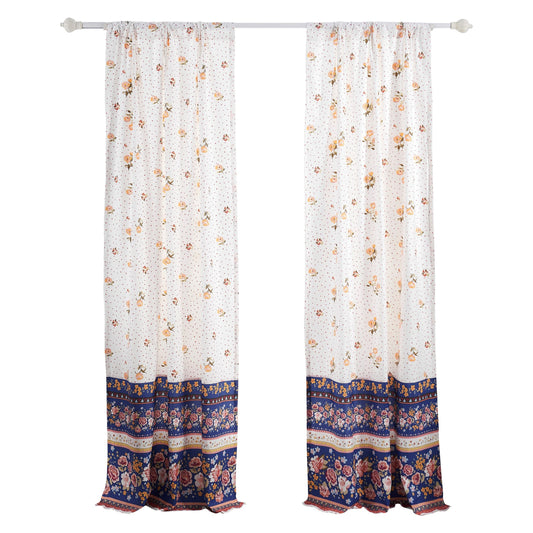Pico 84 Inch Window Curtains Polka Dots And Flowers White Blue Microfiber