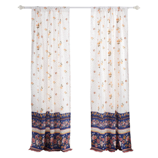 Pico 84 Inch Window Curtains Polka Dots And Flowers White Blue Microfiber