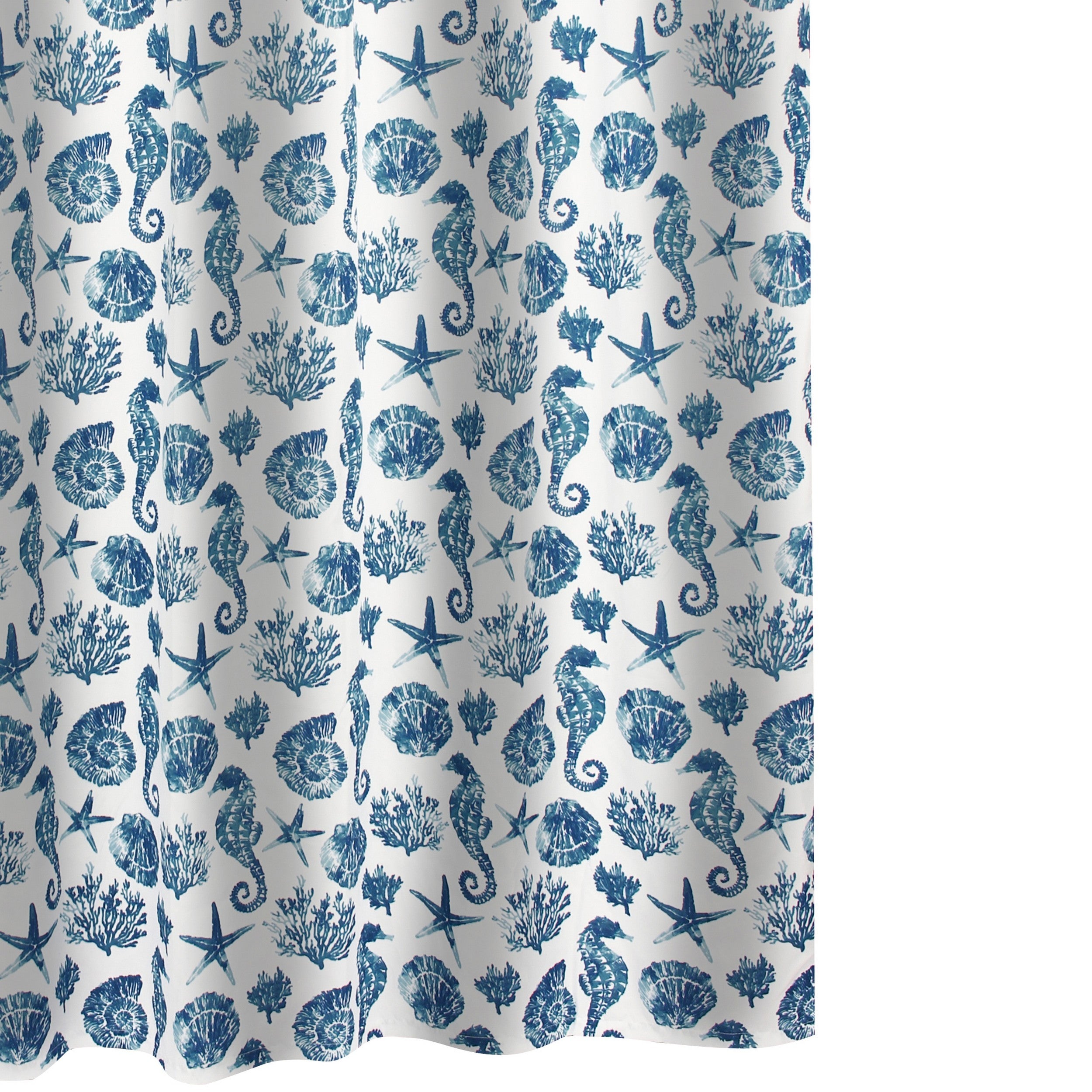 Riga 72 Inch Shower Curtain Blue Seashells Print Button Holes Microfiber