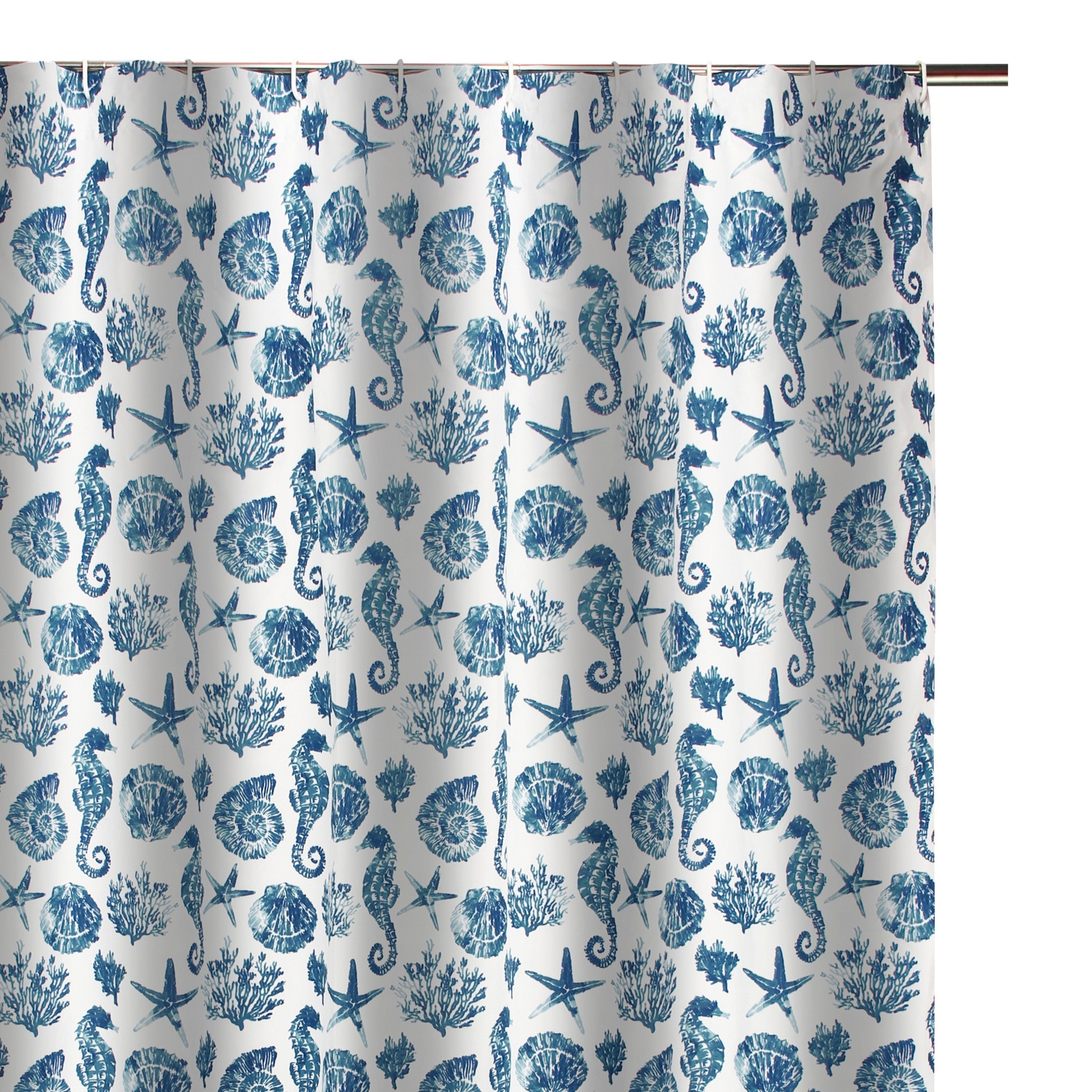 Riga 72 Inch Shower Curtain Blue Seashells Print Button Holes Microfiber-zoom-3