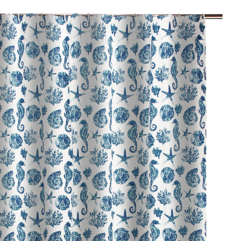 Riga 72 Inch Shower Curtain Blue Seashells Print Button Holes Microfiber-zoom-