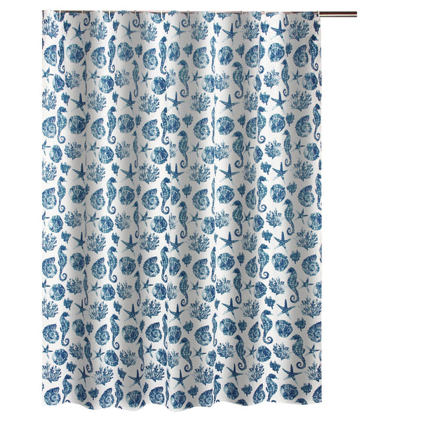 Riga 72 Inch Shower Curtain Blue Seashells Print Button Holes Microfiber
