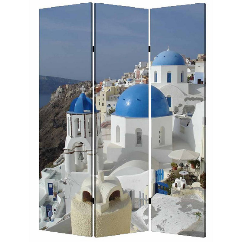 71 Inch Folding Screen Room Divider, Two Sided Grecian Skyline Design-zoom-