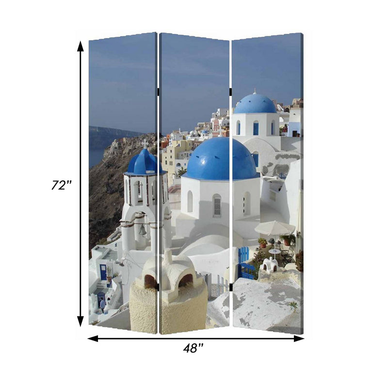 71 Inch Folding Screen Room Divider, Two Sided Grecian Skyline Design-zoom-